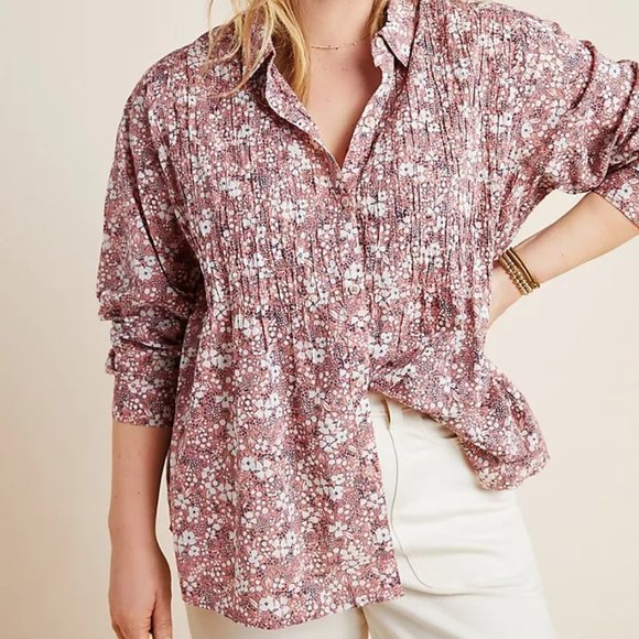 Anthropologie Tops - Anthropologie Sasha Smocked Boyfriend Buttondown Pink Size Small